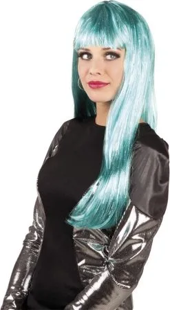 Lange Turquoise Pruik Pruik Met Glitters