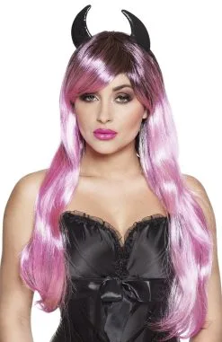 Roze Duivel Pruik Met Hoorntjes