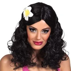 Dames Pruik Zwart Met Bloem